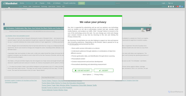 Security scan screenshot of https://news.slashdot.org/story/25/12/24/187259/an-amateur-codebreaker-may-have-just-solved-the-black-dahlia-and-zodiac-killings