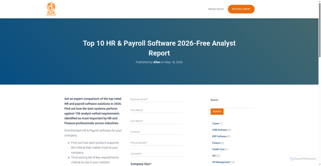 Security scan screenshot of https://b2bworlds.com/hr-management/top-10-hr-payroll-software-2026-free-analyst-report/