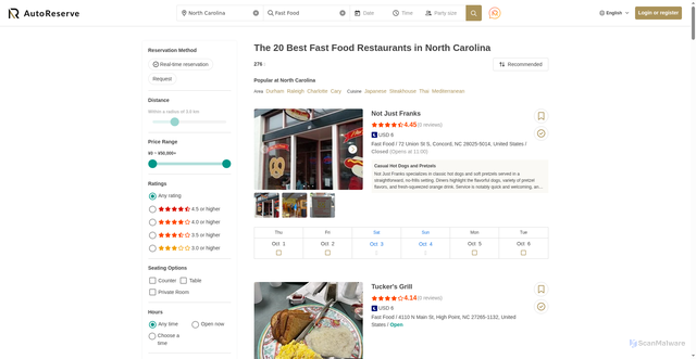Security scan screenshot of https://autoreserve.com/en/us/north-carolina/fast-food