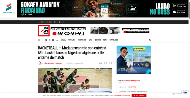 Security scan screenshot of https://www.2424.mg/basketball-madagascar-rate-son-entree-a-lafrobasket-face-au-nigeria-malgre-une-belle-entame-de-match/