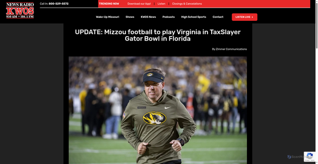 Security scan screenshot of https://kwos.com/update-mizzou-football-to-play-virginia-in-taxslayer-gator-bowl-in-florida/