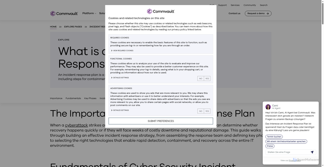 Security scan screenshot of https://www.commvault.com/explore/incident-response-plan