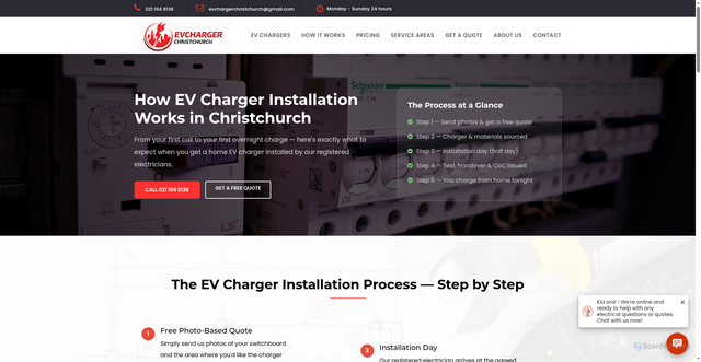 Security scan screenshot of https://evchargerchristchurch.co.nz/ev-charger-installation-how-it-works-christchurch.html
