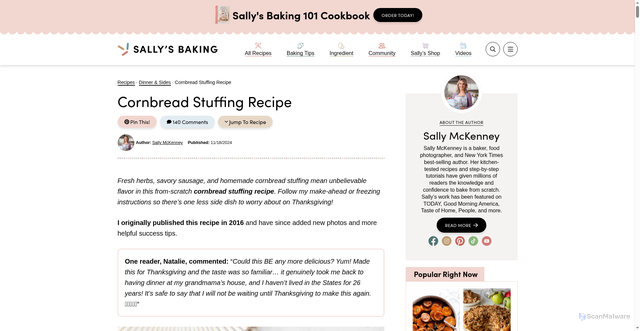 Security scan screenshot of https://sallysbakingaddiction.com/make-ahead-cornbread-stuffing/
