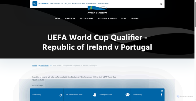 Security scan screenshot of https://www.avivastadium.ie/whats-on/uefa-world-cup-qualifier-republic-of-ireland-v-portugal