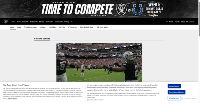 Security scan screenshot of https://www.raiders.com/video/ashton-jeanty-sideline-sounds-nfl-week-4-chicago-bears