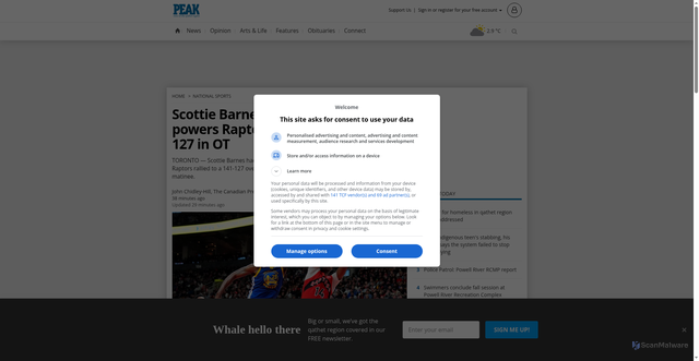 Security scan screenshot of https://www.prpeak.com/national-sports/scottie-barness-triple-double-powers-raptors-past-warriors-141-127-in-ot-11674751