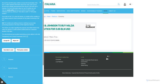 Security scan screenshot of https://www.borsaitaliana.it/borsa/notizie/radiocor/economy/dettaglio/johnson-johnson-to-buy-halda-therapeutics-for-305-bln-usd-nRC_17112025_1502_411384641.html?lang=en