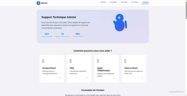 Security scan screenshot of https://adnimi.org/support