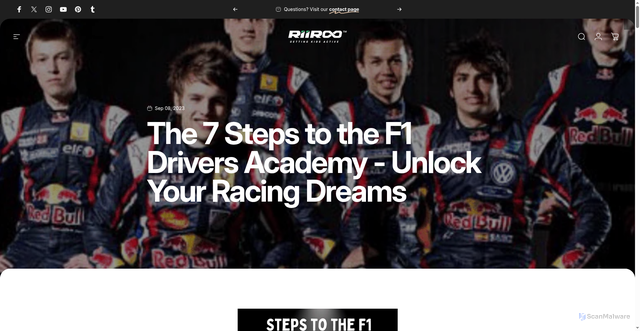 Security scan screenshot of https://riiroo.com/blogs/lifestyle/the-steps-to-the-f1-drivers-academy?srsltid=AfmBOoroMFz4IRgLXQYwV-vOG6tsYIawvz7WwY_8ICmp2ryfW7J1Il2J