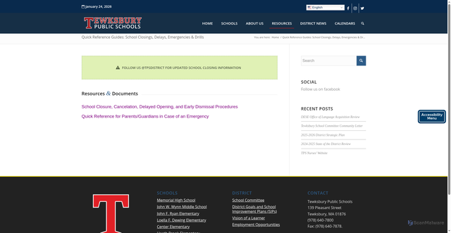 Security scan screenshot of https://www.tewksbury.k12.ma.us/school-closings-delays-emergencies/