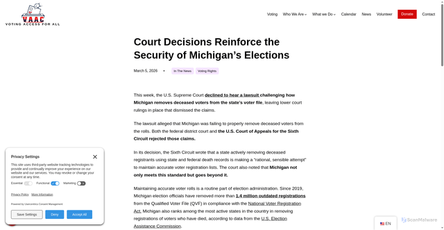 Security scan screenshot of https://votingaccessforall.org/2026/03/court-decisions-reinforce-the-security-of-michigans-elections/