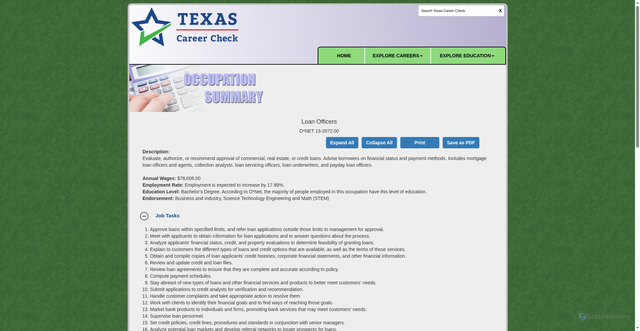 Security scan screenshot of https://texascareercheck.com/OccupationInfo/OccupationSummary/13-2072.00