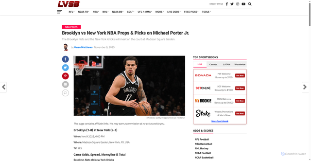Security scan screenshot of https://lasvegassportsbetting.com/brooklyn-vs-new-york-nba-props-predictions-on-michael-porter-jr-2025-11-09/