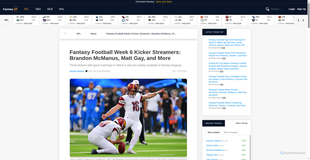 Security scan screenshot of https://www.fantasysp.com/news/nfl/3055662/fantasy-football-week-6-kicker-streamers