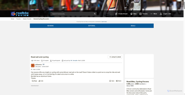Security scan screenshot of https://www.roadbikereview.com/threads/road-salt-and-cycling.164730/