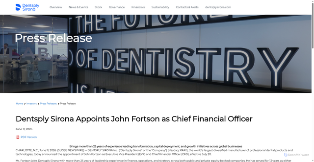 Security scan screenshot of https://investor.dentsplysirona.com/news-releases/news-release-details/dentsply-sirona-appoints-john-fortson-chief-financial-officer