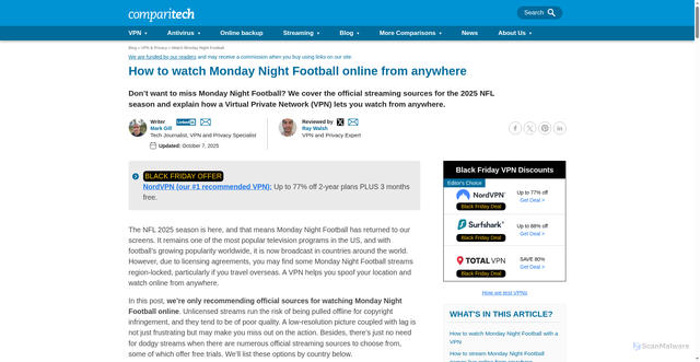 Security scan screenshot of https://www.comparitech.com/blog/vpn-privacy/watch-monday-night-football-online-anywhere/