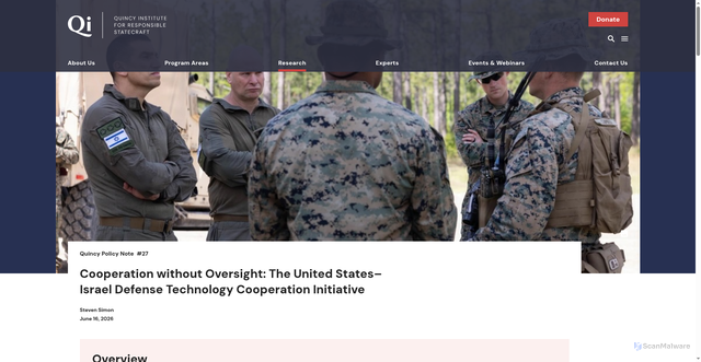 Security scan screenshot of https://quincyinst.org/research/cooperation-without-oversight-the-united-states-israel-defense-technology-cooperation-initiative/