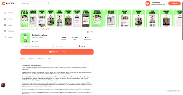 Security scan screenshot of https://tea-tea-dating-advice-inc.en.aptoide.com/app