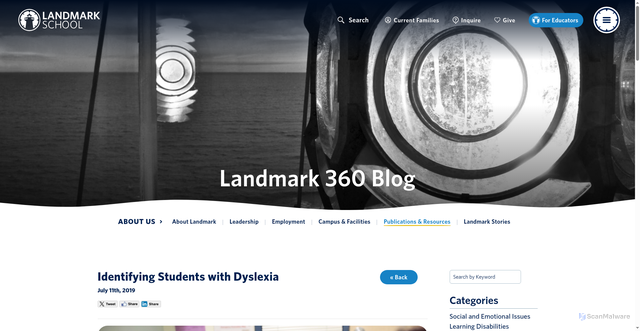 Security scan screenshot of https://www.landmarkschool.org/about-us/publications-resources/landmark-360-blog/identifying-students-with-dyslexia