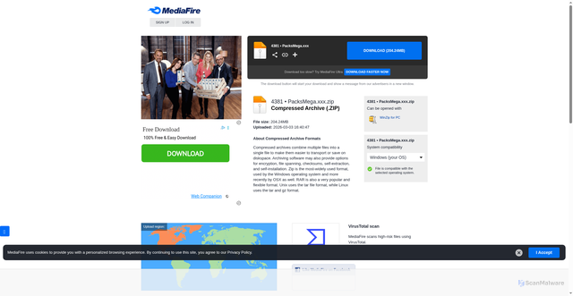 Security scan screenshot of https://packsmega.one/links/o4ht7zfo83/