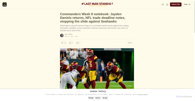 Security scan screenshot of https://lastmanstandig.substack.com/p/commanders-week-9-notebook-looking
