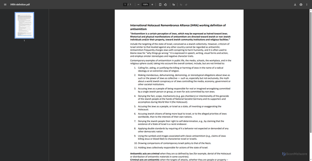Security scan screenshot of https://freespeechonisrael.org.uk/wp-content/uploads/2017/03/IHRA-definition.pdf