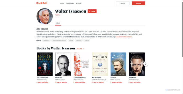 Security scan screenshot of https://www.bookbub.com/authors/walter-isaacson
