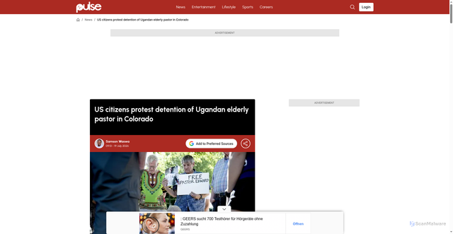 Security scan screenshot of https://www.pulse.ug/story/us-citizens-protest-detention-of-ugandan-elderly-pastor-in-colorado-2026071906132892176