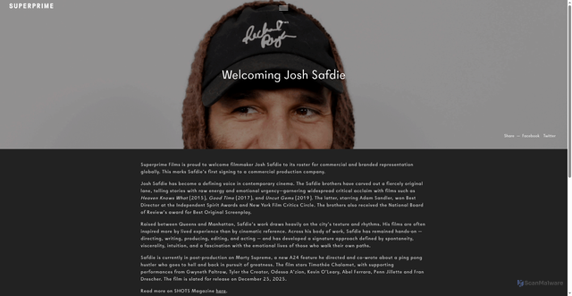 Security scan screenshot of https://superprimefilms.com/6485/welcoming-josh-safdie/