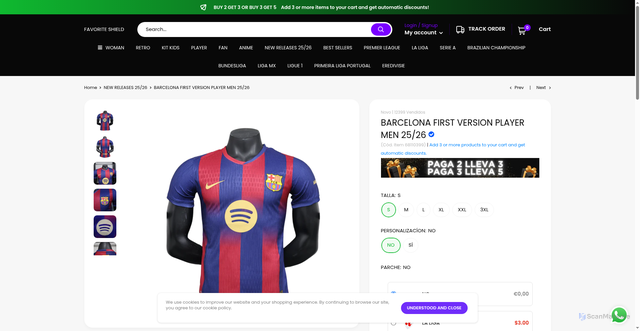 Security scan screenshot of https://favoriteshield.com/collections/new-releases-25-26/products/barcelona-i-25-26-hombre-version-jugador