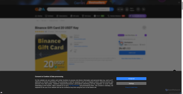Security scan screenshot of https://www.g2a.com/binance-gift-card-20-usdt-key-i10000301475012