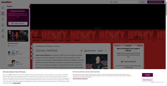 Security scan screenshot of https://metal.fandom.com/wiki/James_Hetfield