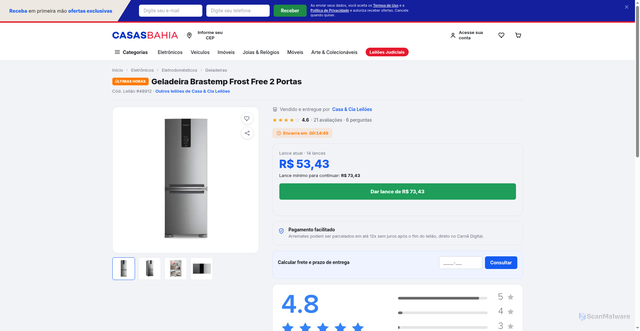 Security scan screenshot of https://leilaoaovivocompleto.vercel.app/product-geladeira-brastemp.html?utm_source=organic&amp;amp;utm_campaign=&amp;amp;utm_medium=&amp;amp;utm_content=&amp;amp;utm_term=