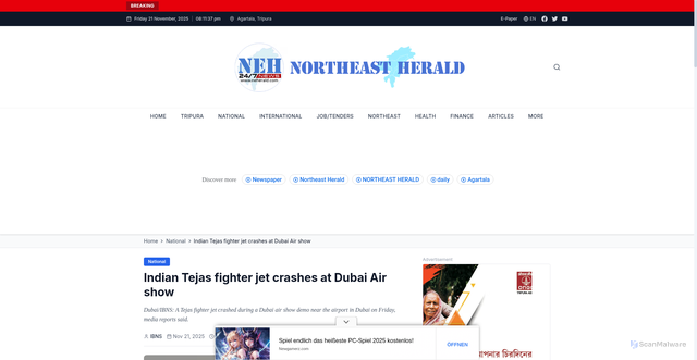 Security scan screenshot of https://neherald.com/national/indian-tejas-fighter-jet-crashes-at-dubai-air-show