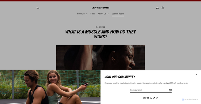 Security scan screenshot of https://www.theafterbar.com/blogs/locker-room/what-is-a-muscle-and-how-do-they-work?srsltid=AU7gw4UhQL-4zVvYyT38hbpQ15dfbbSPI1CkctcFt1sxOZwuLK-3qNLu