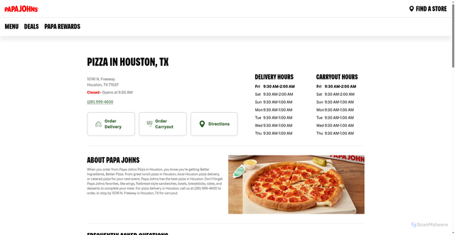 Security scan screenshot of https://locations.papajohns.com/united-states/tx/77037/houston/10741-n.-freeway/pizza-near-me