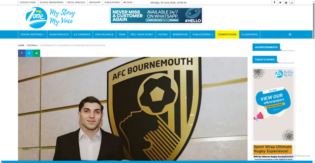 Security scan screenshot of https://zone.my.na/football-sw/bournemouth-sign-brazilian-teenager-rayan-for-247m-nmh003358-11-3372