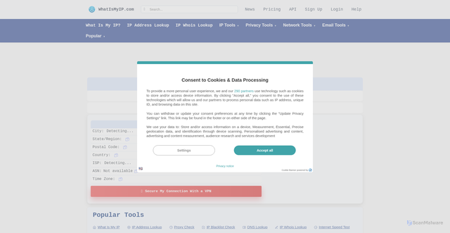 Security scan screenshot of https://whatismyip.com