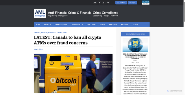 Security scan screenshot of https://www.amlintelligence.com/2026/05/latest-canada-to-ban-all-crypto-atms-over-fraud-concerns/