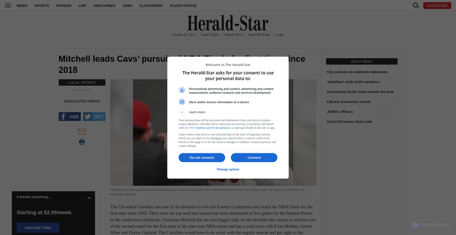 Security scan screenshot of https://www.heraldstaronline.com/sports/local-sports/2025/10/mitchell-leads-cavs-pursuit-of-nba-finals-for-first-time-since-2018/