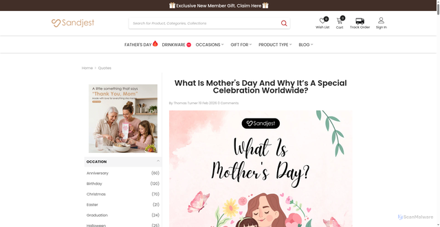 Security scan screenshot of https://sandjest.com/blogs/quotes/what-is-mothers-day?srsltid=AfmBOop3d-wnP0ExpkBSQ10cFg1HCNp2OwKYk5on5mL1CTvCvLzm_hn8