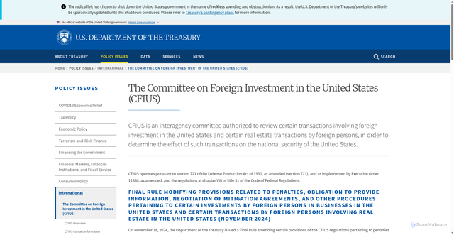 Security scan screenshot of https://home.treasury.gov/policy-issues/international/the-committee-on-foreign-investment-in-the-united-states-cfius