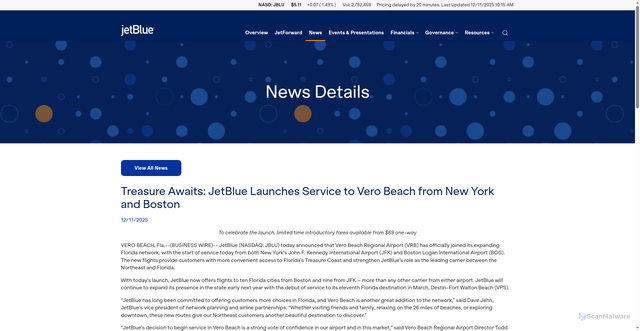 Security scan screenshot of https://www.ir.jetblue.com/news/news-details/2025/Treasure-Awaits-JetBlue-Launches-Service-to-Vero-Beach-from-New-York-and-Boston/default.aspx