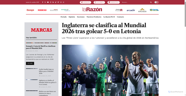 Security scan screenshot of https://larazon.bo/marcas/2025/10/14/inglaterra-se-clasifica-al-mundial-2026-tras-golear-5-0-en-letonia/