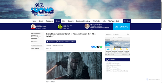 Security scan screenshot of https://www.917thewave.com.au/news/entertainment-news/liam-hemsworth-is-geralt-of-rivia-in-season-4-of-the-witcher/