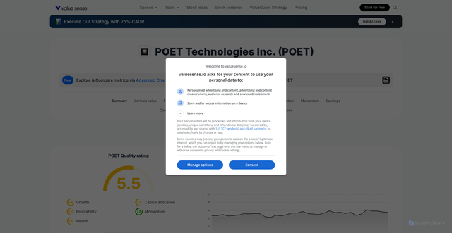 Security scan screenshot of https://valuesense.io/ticker/poet