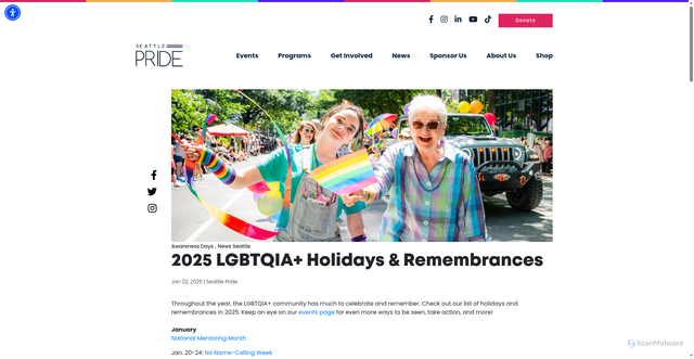 Security scan screenshot of https://seattlepride.org/news/2025-lgbtqia-holidays-remembrances