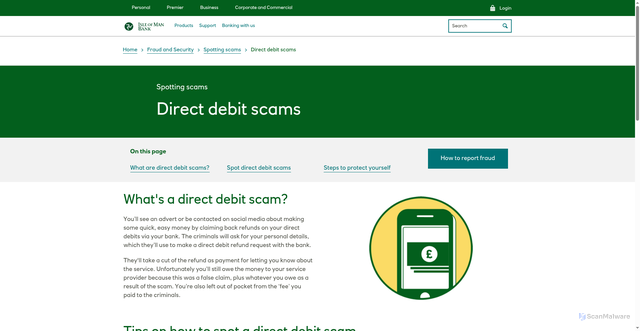 Security scan screenshot of https://www.iombank.com/global/fraud-and-security/spotting-scams/direct-debit-scams.html